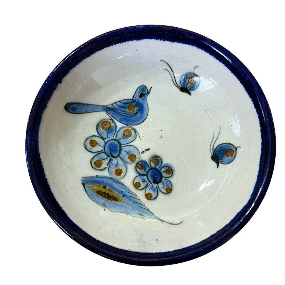 Vintage Mexican Tonala Blue & White Bird/Butterfly Bowl 6” Signed